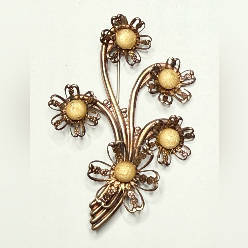 1940s Brass Filigree Flower Brooch | Vintage Floral Pin w/ C Clasp | Rare Design